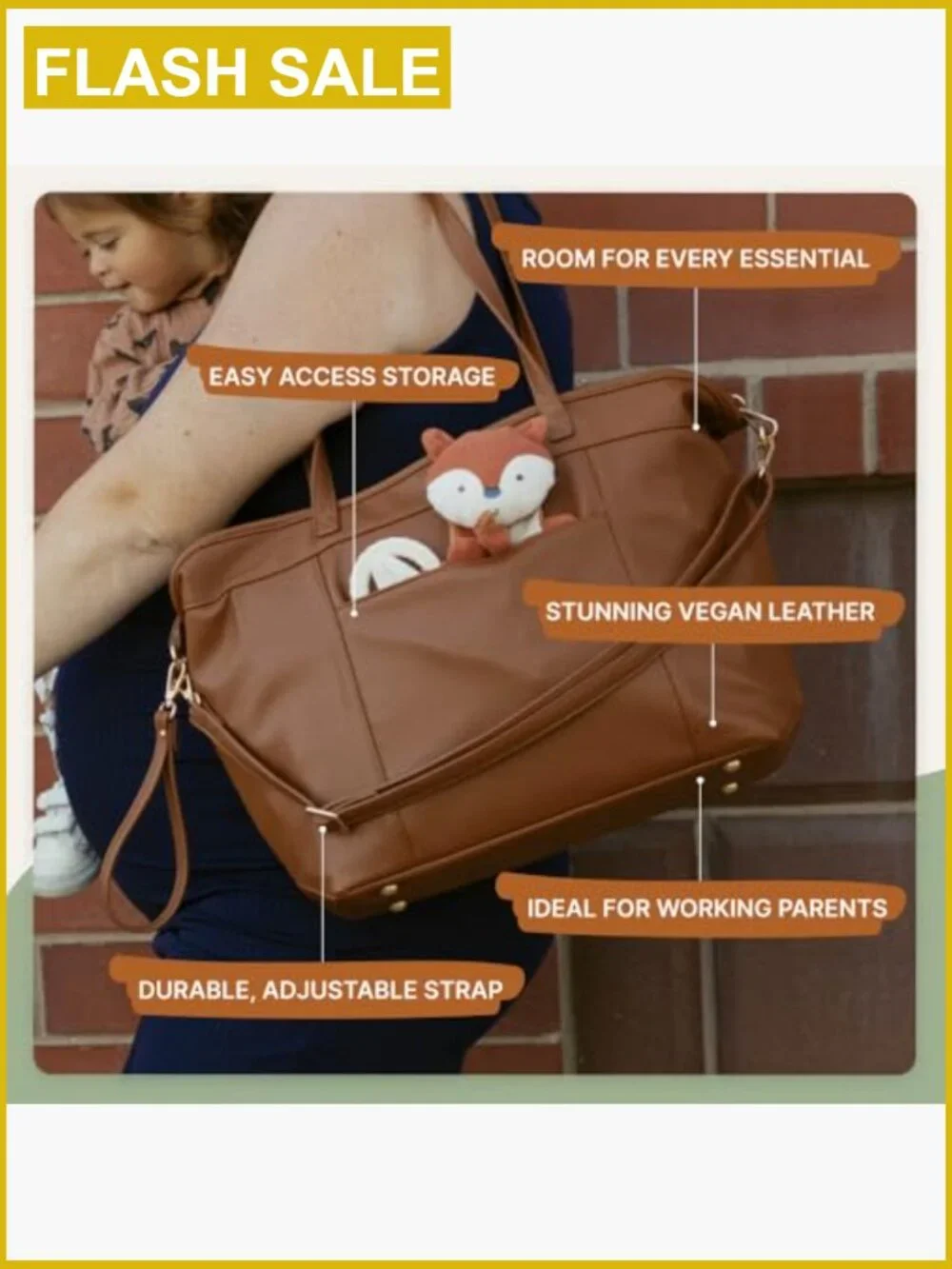 Vegan Leather Tote with Removable Diaper Bag Insert and Changing Pad